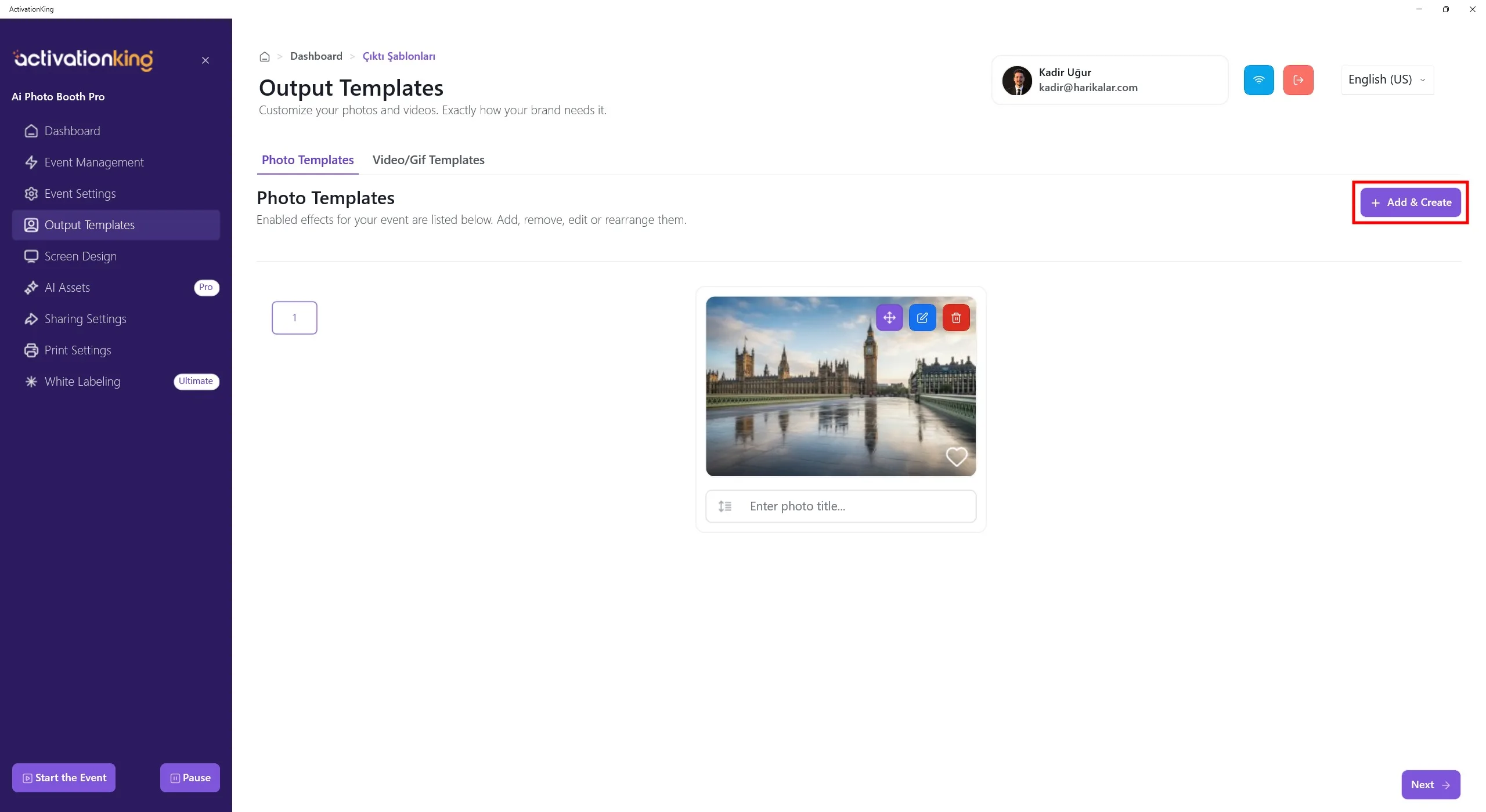 Page des modèles de sortie affichant le premier modèle d'arrière-plan terminé