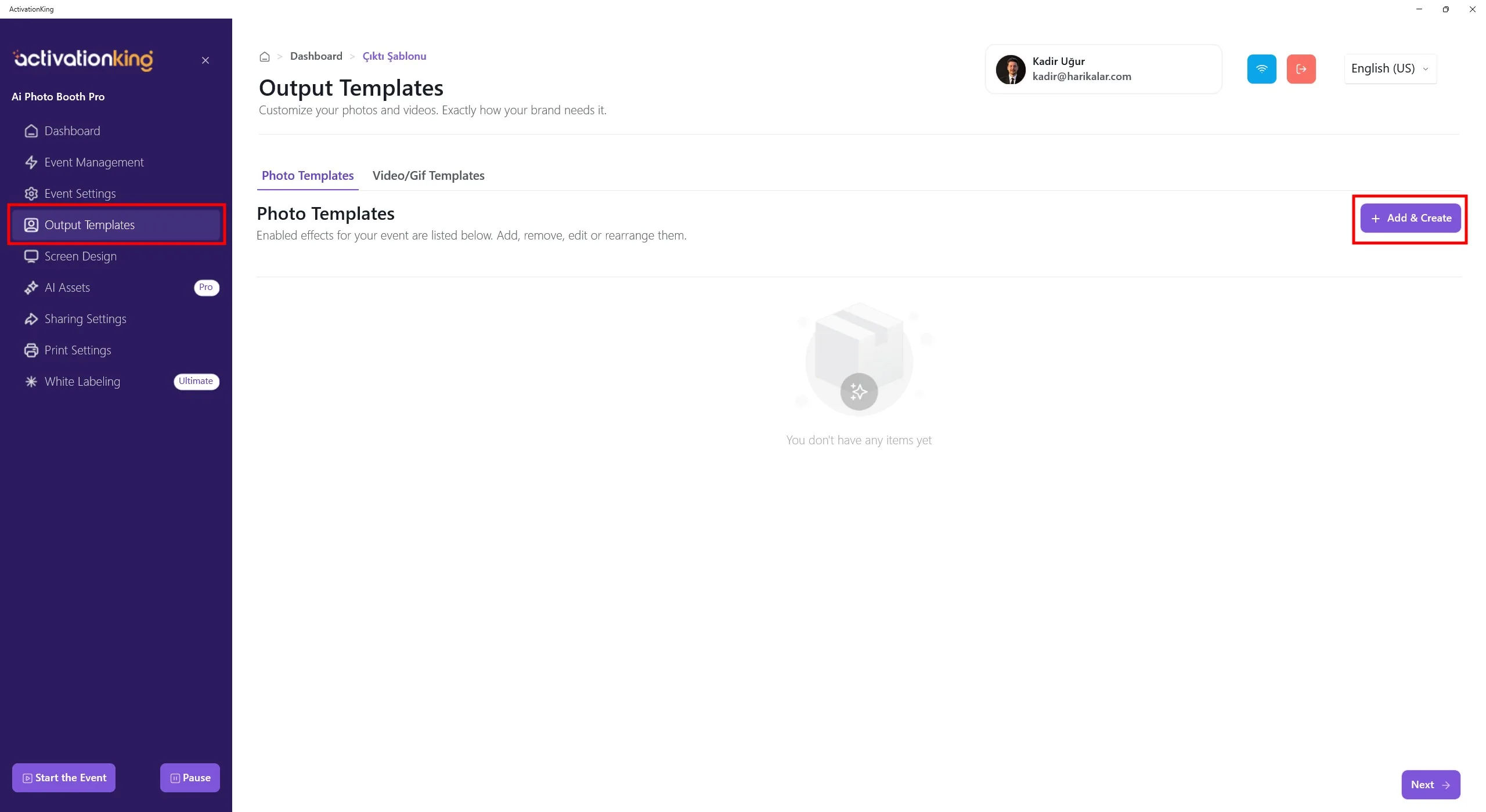 Page des modèles de sortie affichant la liste des modèles par défaut