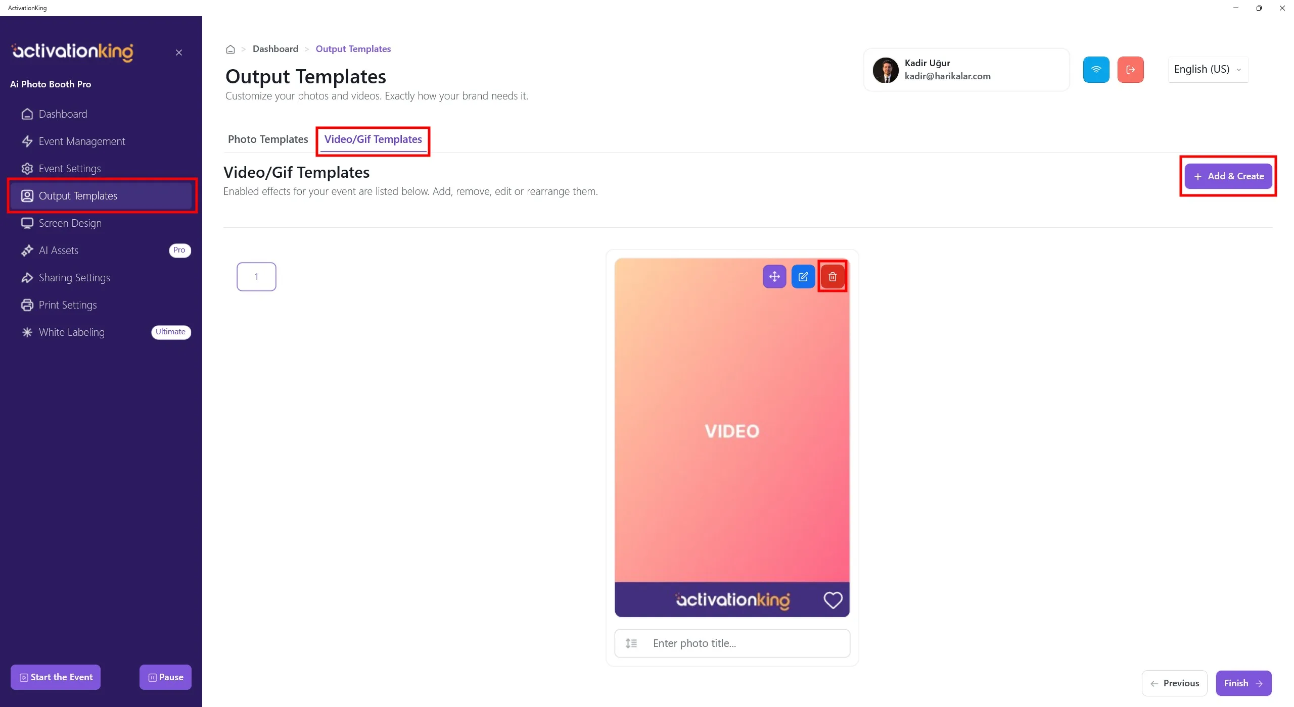 Seite Ausgabevorlagen auf dem Reiter Video/GIF mit Standardvorlagen
