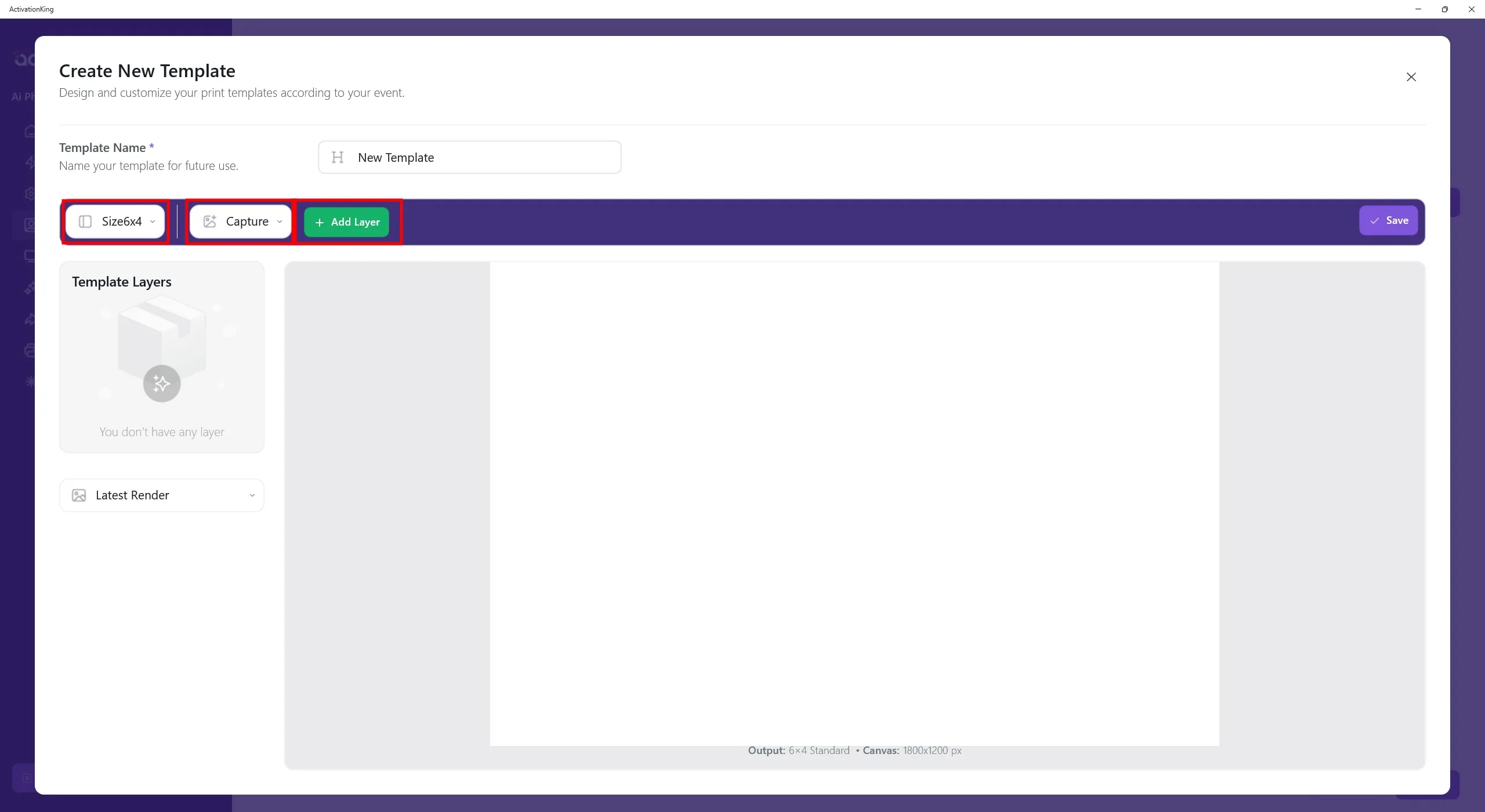 Neuer Vorlageneditor mit Namensfeld, Größeneinstellung und Schaltfläche Ebene hinzufügen bei ausgewählter Aufnahme