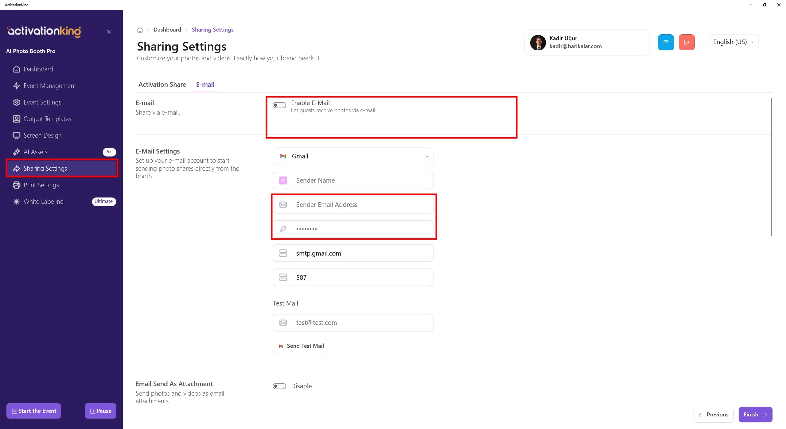 E-Mail-Registerkarte in den Freigabe-Einstellungen mit SMTP-Konfigurationsfeldern