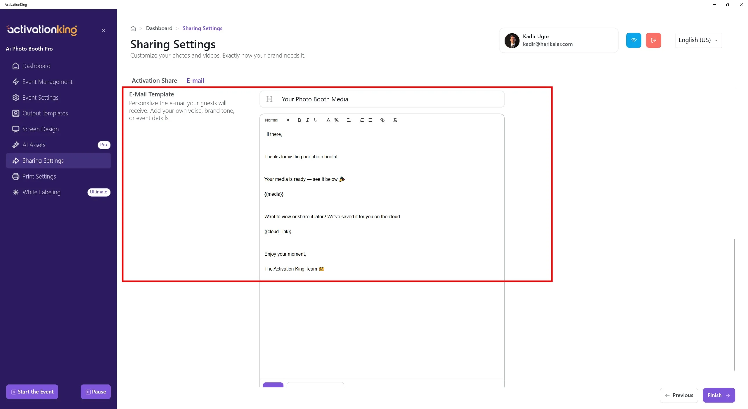 E-Mail-Vorlagen-Editor in den Freigabe-Einstellungen