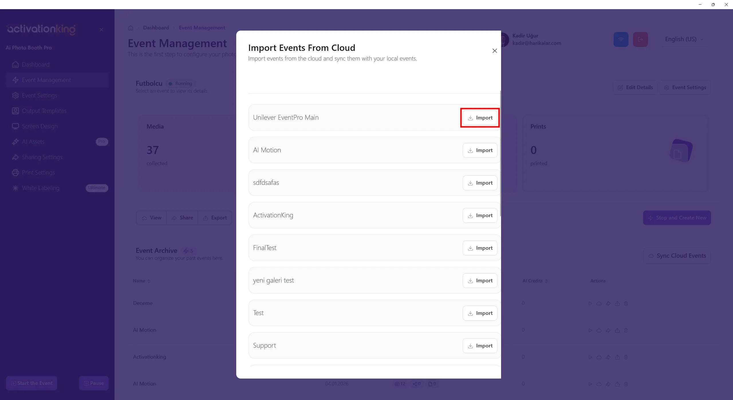 Cloud-Ereignislisten-Popup mit verfügbaren Ereignissen und Import-Schaltflächen