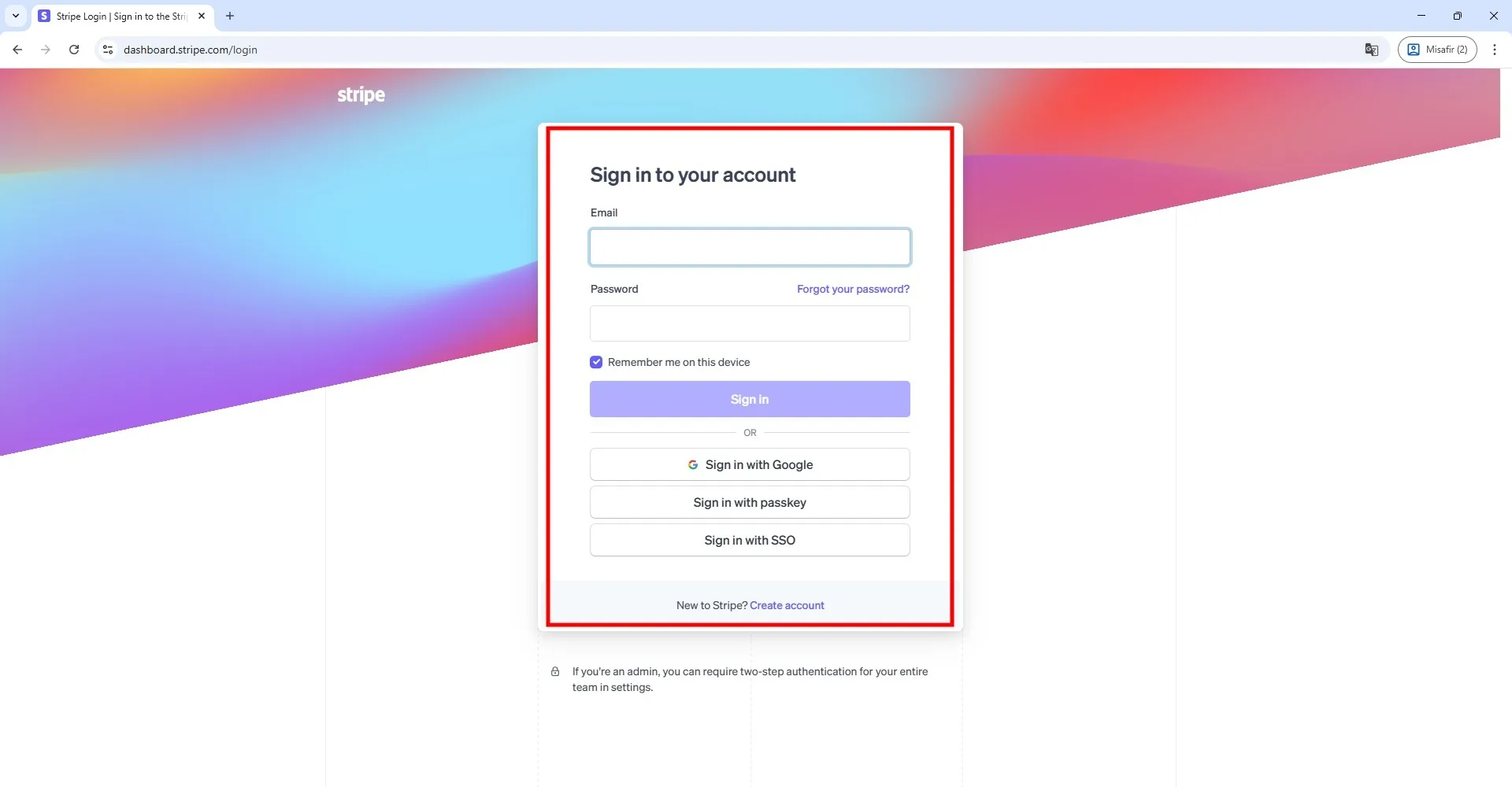 Pagina de cadastro do site Stripe