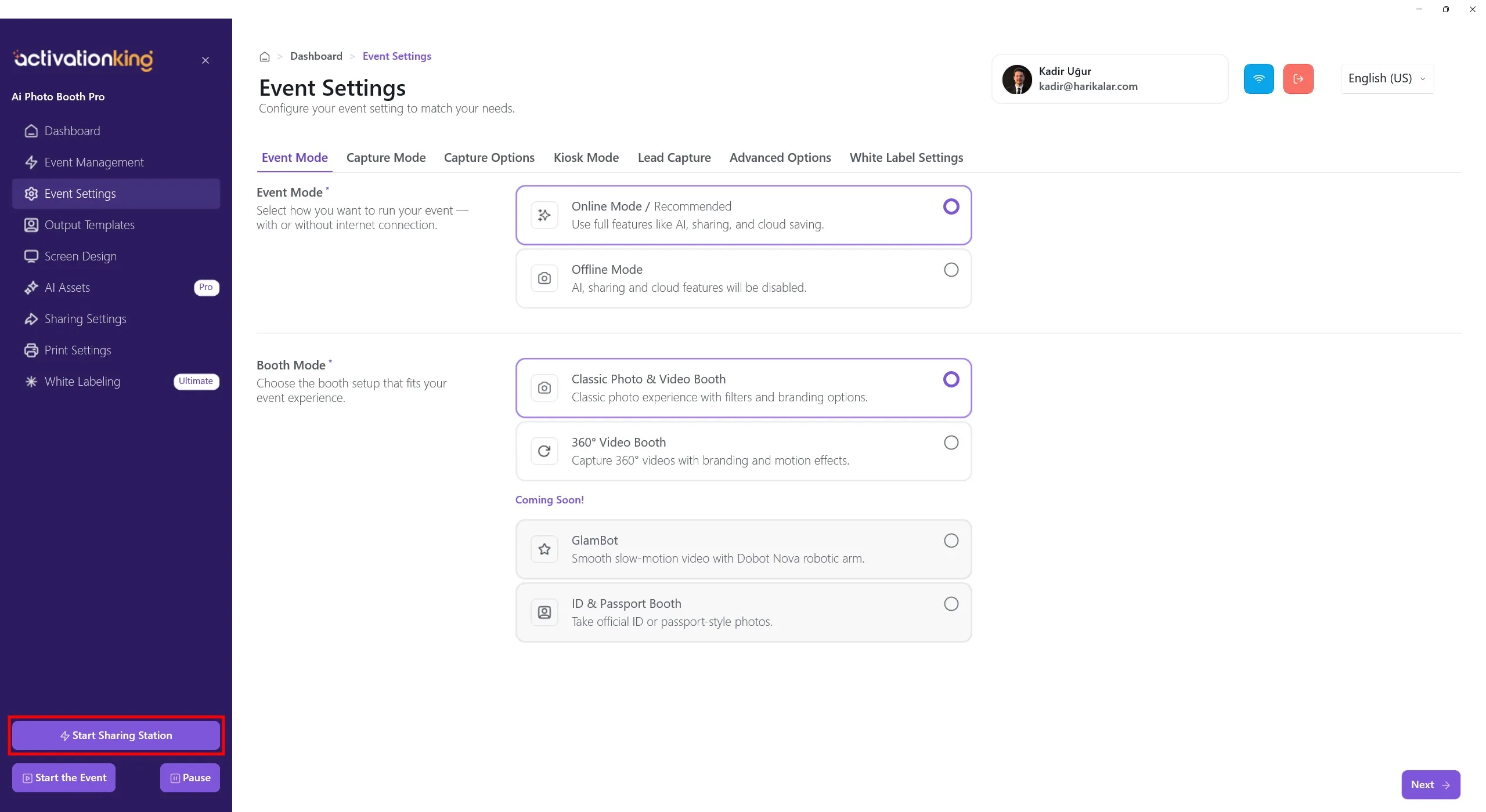 Vue d'ensemble de l'interface de la Sharing Station
